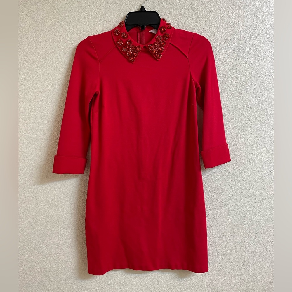 Ted Baker red collared mini-dress with quarter sleeves and crystal collar size.